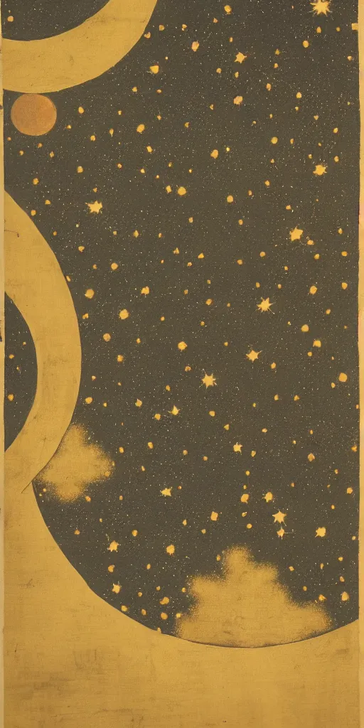 Prompt: oriental painting of the nebula, moon is far above, detailed, refined, high quality, parchment, blackened space, lots of stars, towards the bottom it fades into the parchment