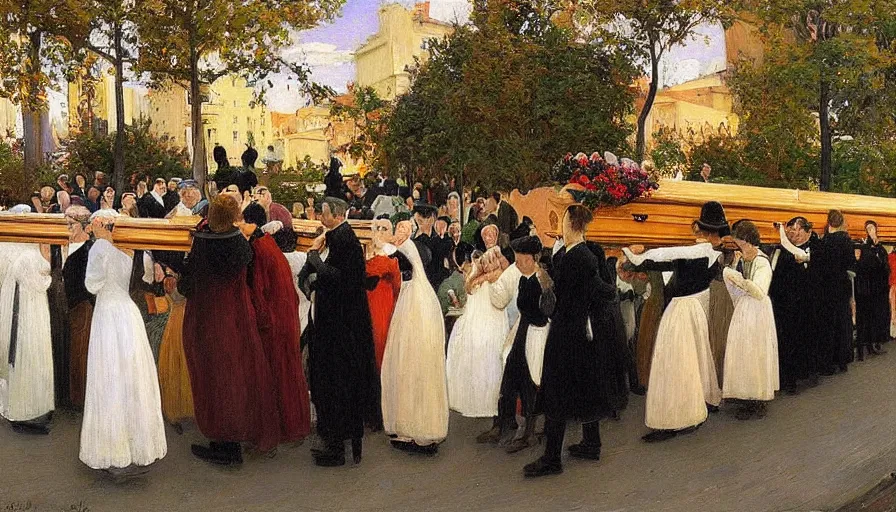 Image similar to a masterpiece painting of a funeral by santiago rusinol