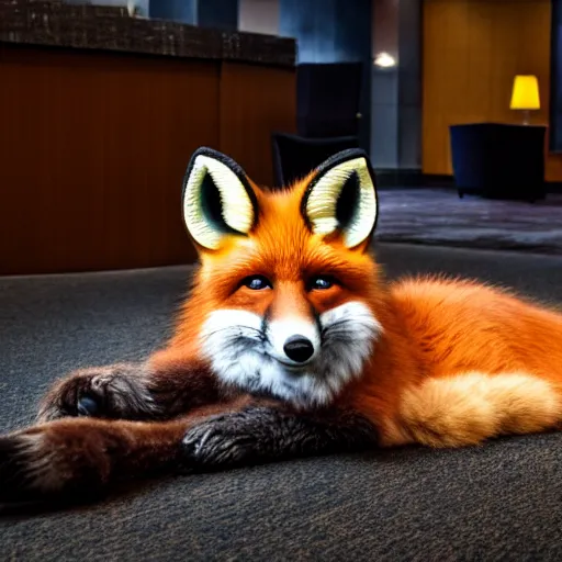 Prompt: a fox fursuit laying on the floor in a fancy hotel lobby, studio lighting Canon f/1.8 aperture cinematic 32mm lens