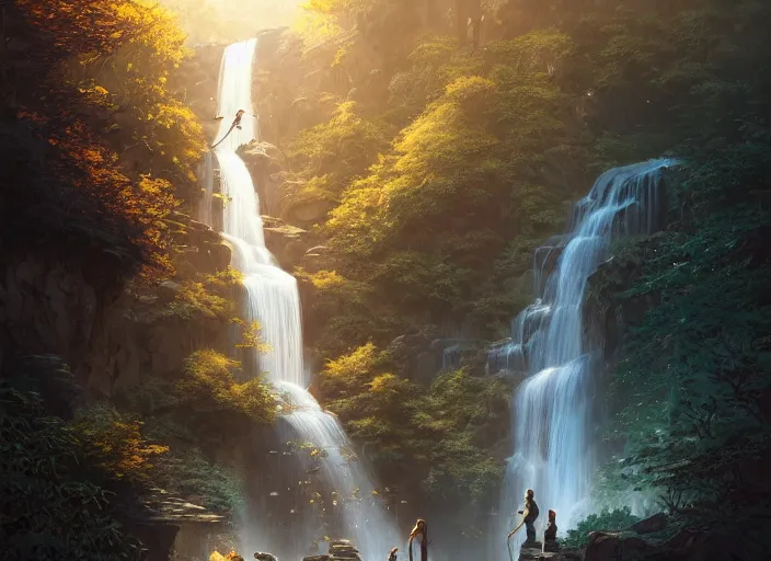 Image similar to detailed intricate digital illustration by greg rutkowski and artgerm and wlop and sanford robinson gifford ; 2 0 0 4 vehicle, shimmering waterfall in background ; 1 3 mm film, arri alfa anamorphic lens ; sharp focus, golden hour lighting, trending on artstation 4 k ; close view