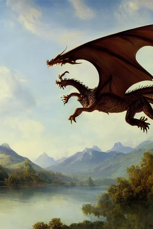 Prompt: epic dragon flying above the lake, early morning, matte painting, by Isaac Levitan and Asher Brown Durand