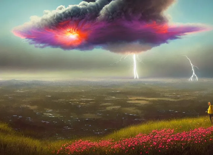 Prompt: a nuclear explosion in a nearby gray metropolitan city, seen from a hilltop with colorful flowers and grass in the foreground, highly detailed, cinematic, digital art, soft lightning, muted colors, cgssociety, artstation hq, 8 k, hyperrealistic, oil painting by greg rutkowski, by artgerm, by wlop