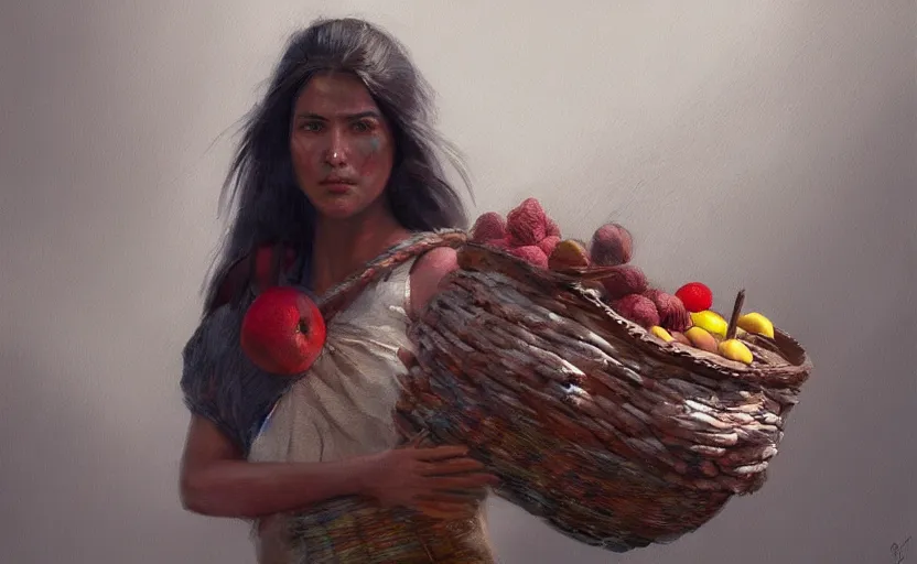 Image similar to A painting of an Aztec Woman carrying a Basket of Fruit trending on artstation in the style of Greg Rutkowski