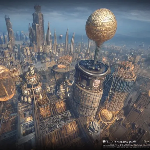 Prompt: enormous flying steampunk city in a faberge egg, sky, fantasy art, unreal engine,