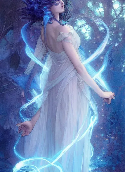 Image similar to a glowing blue sprite made of light flying through the air. she looks like a teenage girl and wears a long flowing dress. she is made of blue light and fades into light at the edges. her skin and hair are blue. beautiful fantasy art by artgerm and greg rutkowski and alphonse mucha