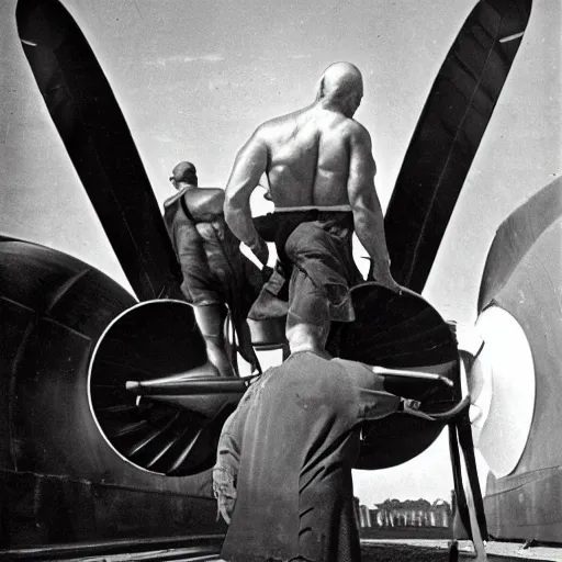 Prompt: a muscular bald man carrying two turbine engines on his back