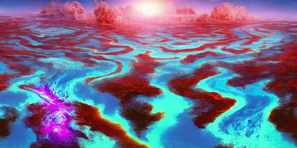 Prompt: digital illustration of the river tethys flowing through a vibrant alien landscape, art by Benoit B. Mandelbrot, Steven Belledin, Beeple, and Caspar David Friedrich, colorful alien flora, terraformed alien planet, wide angle, panoramic, fantasy, 8k resolution, deviantart, trending on Artstation, concept art, Terragen, HDR, Octane