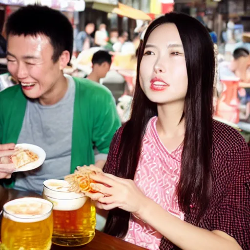 Image similar to chinese woman drinking beer and eating noodles with friends. shanghai. closeup