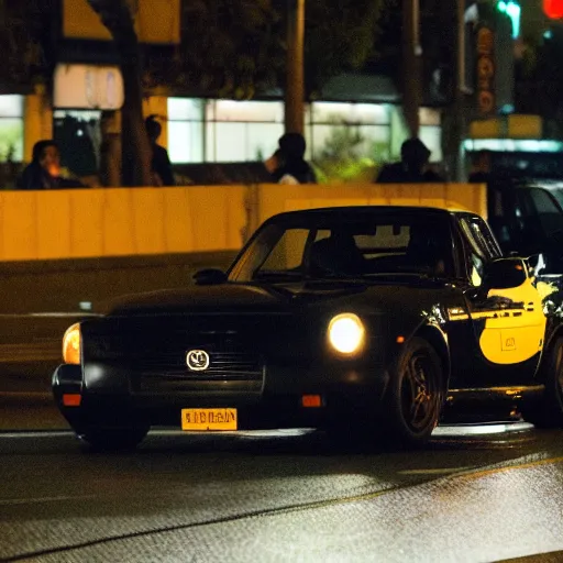 Prompt: A gorilla drifting at night in the streets of japan with a white mazda miata 1990