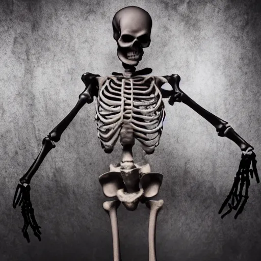 Prompt: a skeleton made of liquid darkness dancing without a care, artistic photography, f stop, iso, gray dungeon background, very realistic