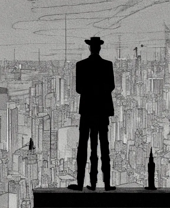 Image similar to human standing on top of the building, watching the city skyline calmly glowing on the background, inspired by isaac levitan, noir comics esthetics, sharp focus, less detailed, 8 k, high resolution