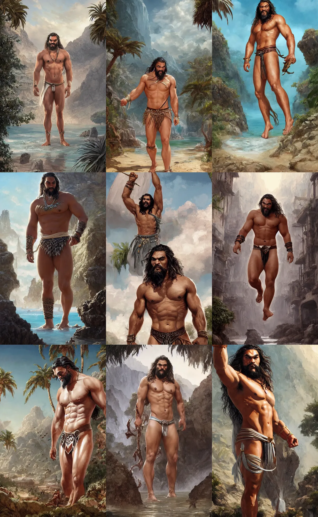 Prompt: jason momoa, white loincloth, full body, full shot, mediterranean village background, highly detailed, digital painting, artstation, concept art, sharp focus, illustration, orientalism, art by artgerm and greg rutkowski and raphael lacoste and magali villeneuve