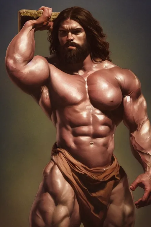 Prompt: upper body portrait of a hulking bulky swole steroids musclebound huge bodybuilder muscular herculean chiseled jesus christ, cinematic lighting, photorealistic, octane render, 8 k, depth of field, 3 d, art by artgerm and greg rutkowski and alphonse mucha and uang guangjian and gil elvgren and sachin ten