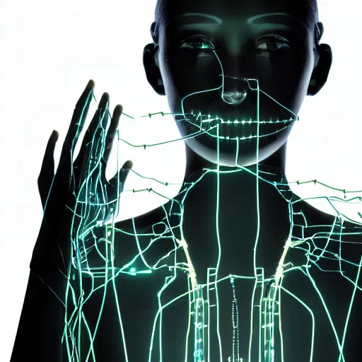 Image similar to in a dark room, a female cyborg with translucent skin showing circuitry and loose wires exploding into particles