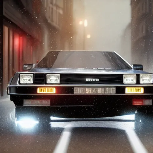 Image similar to hyperdetailed, photorealistic photograph of a dmc 1 2 delorean driving in the streets, rain, night, dense fog, hd, unreal engine 5