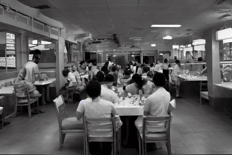 Image similar to 2 0 1 2 watermelon new jersey diner, tables repeat endlessly into the horizon, fruitcore, one point perspective, scene from a kiyoshi kurosawa movie