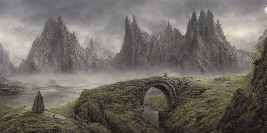 Image similar to Gandalf at the Bridge of Khazad-dûm in the evening, top view, detailed matte painting, cinematic, Alan Lee, Artstation