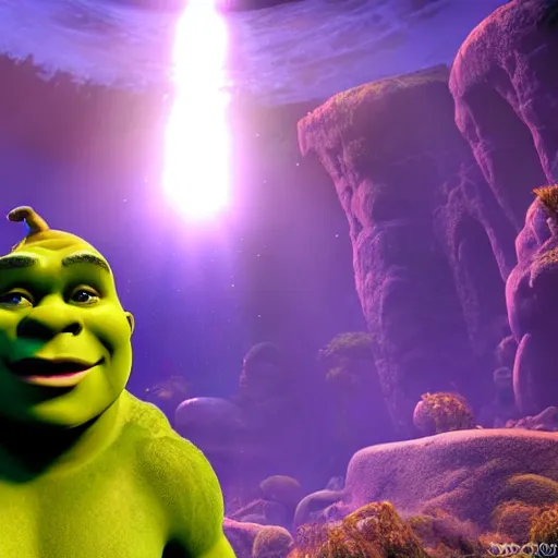 Prompt: shrek in the unreal engine, giant space battle, 8k, photo realistic, lensflare, volumetric lighting