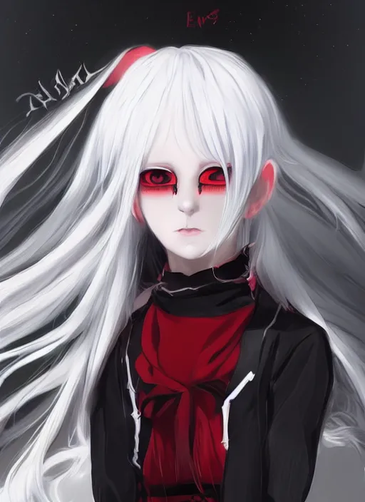 Image similar to A white haired anime girl with black horns and long elf ears, red eyes, in style of Ilya Kuvshinov