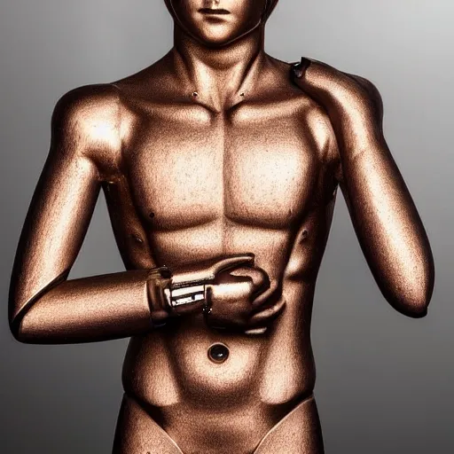 Image similar to a realistic detailed photo of a guy who is an attractive humanoid who is half robot and half humanoid, who is a male android, soccer player martin ødegaard, shiny skin, posing like a statue, blank stare, by the pool, on display, showing off his muscles, humanoid robot, frozen ice statue