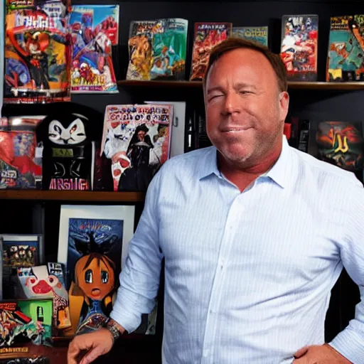 Prompt: alex jones shows off his anime collection.