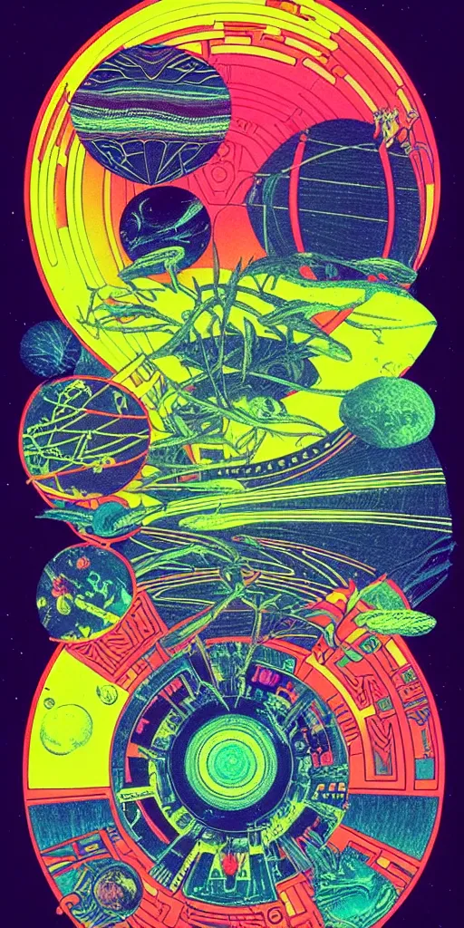 Image similar to 1968 science fiction tarot card, cut out collage, neon Aztec, spring on Saturn, epic theater, deep sea, mountain plants, drawings in part by moebius, part by Ernst Haekl, text by William S Boroughs, written by Michael Ende