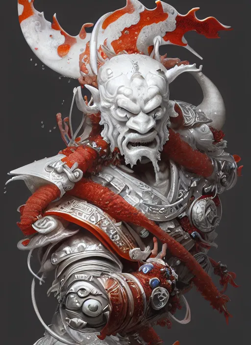 Image similar to subsurface scattering, white, koi, samurai deity with koi armor, octane render, by jesper ejsing, james jean, justin gerard, tomasz alen kopera, cgsociety and fenghua zhong, highly detailed, rim light, cinematic lighting, art, very coherent, cinematic, hyper realism, high detail, 8 k