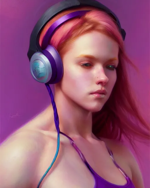 Prompt: cute female gamer, perfect face, pink headphones, purple halter top, ginger hair, abs, cinematic, stunning, athletic, strong, agile, highly detailed, psychedelic, digital painting, artstation, smooth, hard focus, illustration, art by jessica rossier and and brian froud