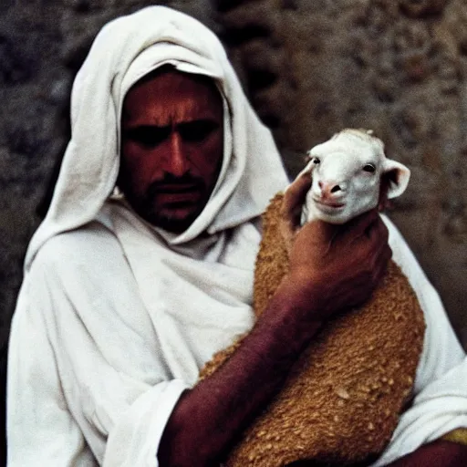 Prompt: cinematic still of man in ancient Canaanite clothing cradling a lamb, sad, anguished, somber, serious, directed by Terrence Malick