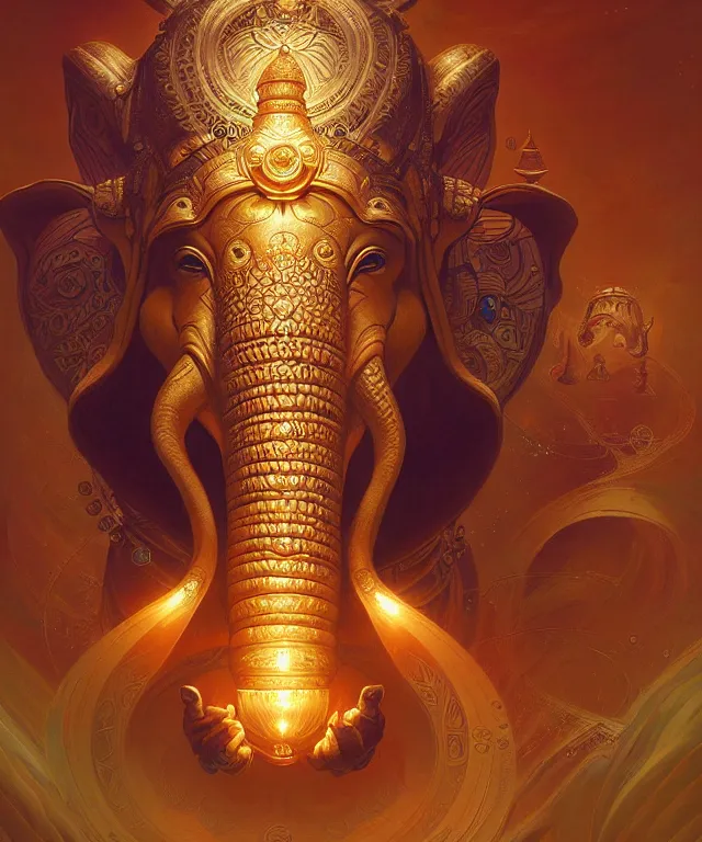 Image similar to intergalactic ganesha, mandala, fantasy, intricate, elegant, highly detailed, digital painting, artstation, concept art, matte, sharp focus, illustration, art by artgerm and greg rutkowski and alphonse mucha