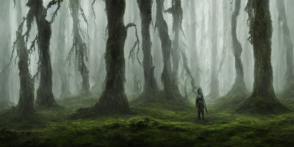 Prompt: beautiful majestic artstation cinematic matte painting of a knight in armour in a foggy forest with giant twisted mossy trees