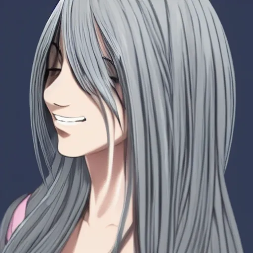 Image similar to young woman with long wavy ashen silver hair, with blackness instead of eyes, anime