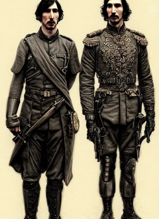 Prompt: portrait of two people, john oliver, adam driver, standing together, stoic, full body, military uniform, fantasy, intricate, elegant, beautiful, highly detailed, charcoal, centered, dark, smokey, digital painting, artstation, concept art, smooth, sharp focus, illustration, art by artgerm and greg rutkowski and alphonse mucha