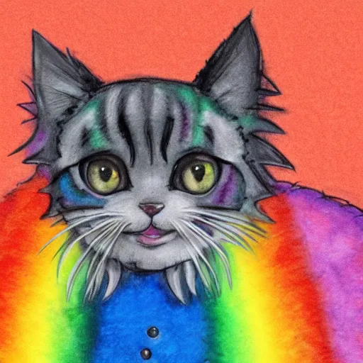 Image similar to wide angle full body, of a fluffy cute rainbow kitten wearing a black leather motorcycle jacket, concept art