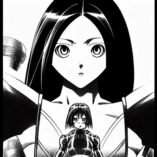 Image similar to alita by yukito kishiro. medium shot. black and white manga. pencil drawing.