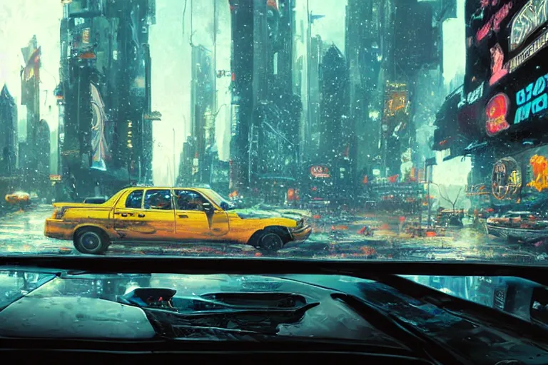 Prompt: beautiful matte painting of interior of taxi car in cyberpunk new york with a boy and his grandma robogran sitting in the car by greg rutkowski