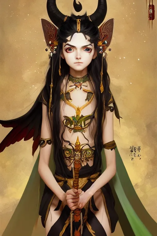 Image similar to beautiful fairy, brown skin, white hair, devil's horn on her head, green eyes and the third eye on her forehead, dressed in dunhuang clothes, with black and gold wings behind her, and a brown scepter in her hand. character design, animation image design, painting by wlop