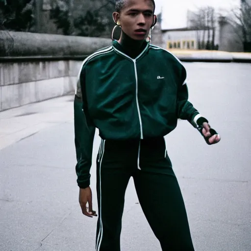 Image similar to realistic! photoshoot for a new balenciaga lookbook, color film photography, portrait of a beautiful woman wearing a track suit, photo in style of tyler mitchell, y2k!!!, 35mm lens