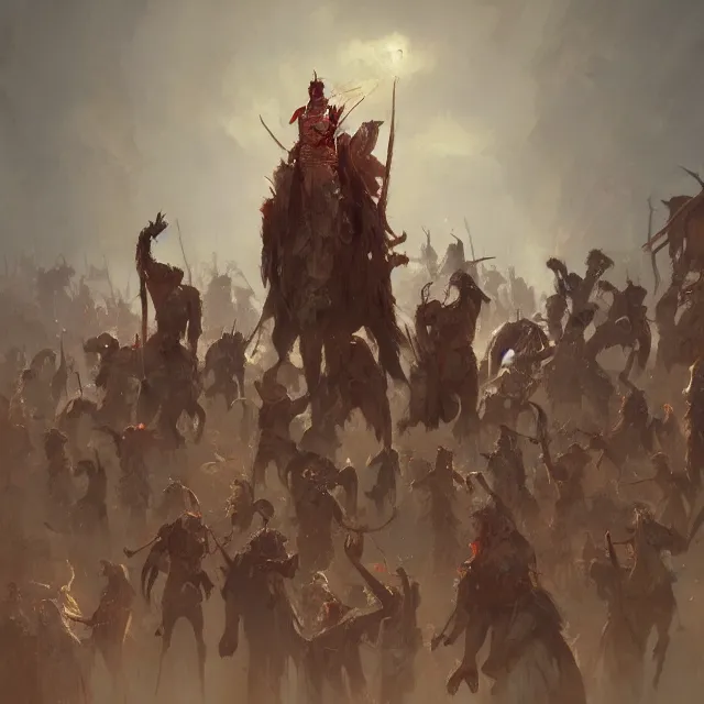 Prompt: a painting of too many chiefs and not enough indians by greg rutkowski, dark fantasy art, high detail, trending on artstation