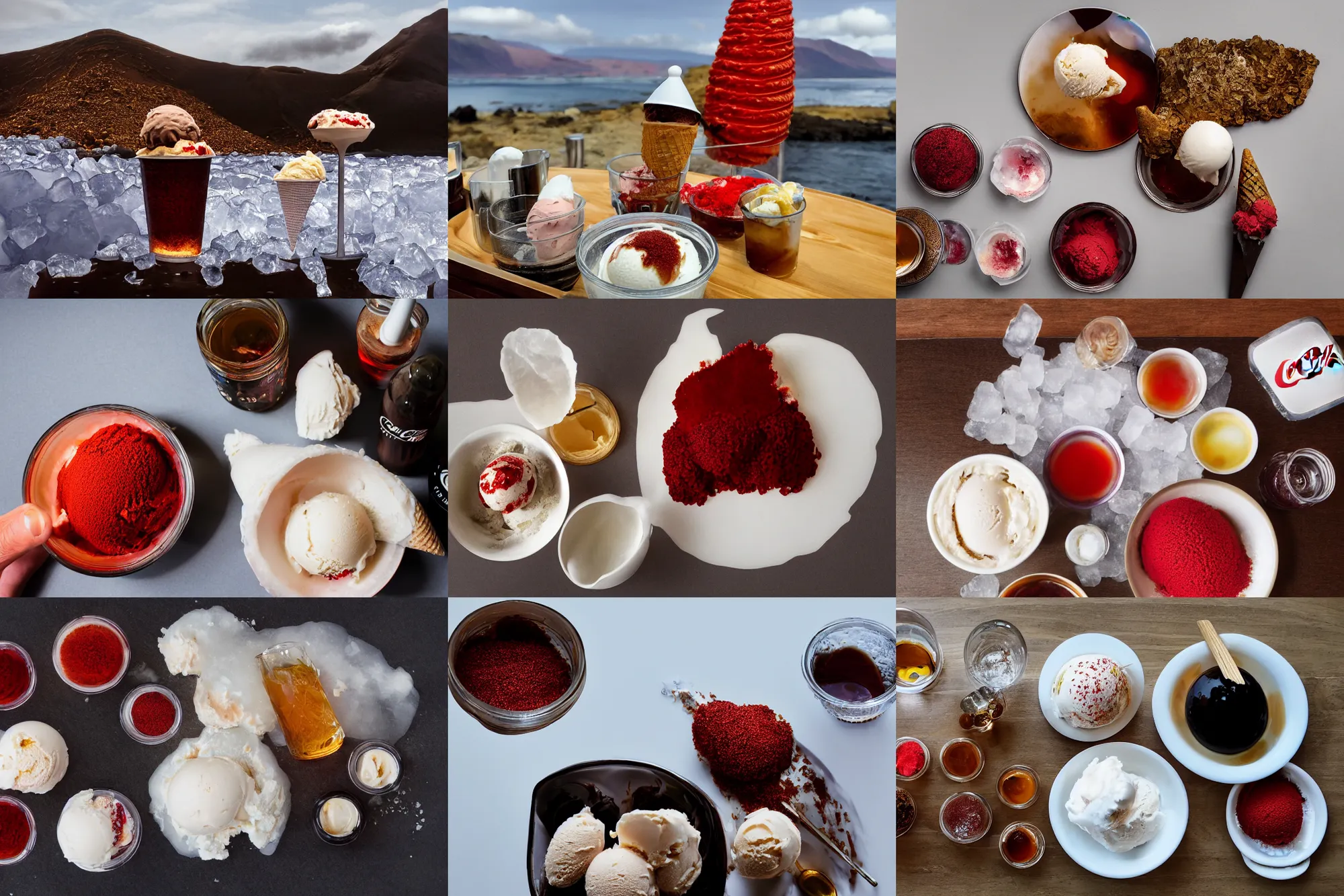 Prompt: a large island of red caviar and ice cream in the center of which there are mountains with ice cream ( five scoops ice cream cone original oil by suekill ), instead water coca cola ( barley tea - boricha or mugicha, salt lakritssglass med bjornbar 2, brown water, cold brew coffee ), big island