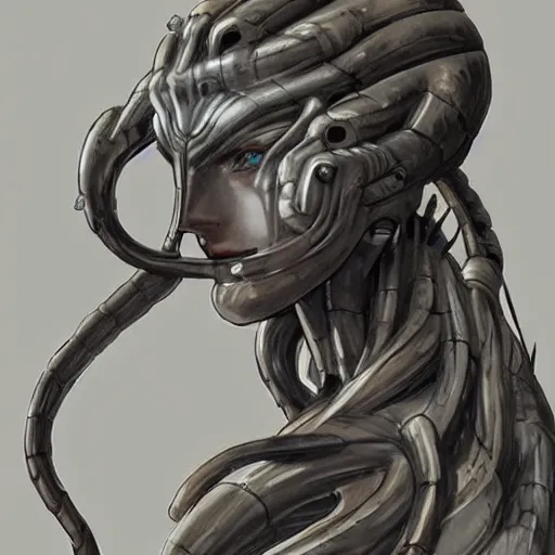Image similar to a mech version of asian medusa bust, with a septum nose ring, sultry cruel eyes, very symmetrical, highly detailed, by vitaly bulgarov, by joss nizzi, by ben procter, by steve jung, concept art, quintessa, metal gear solid, transformers cinematic universe, concept art world, pinterest, artstation, unreal engine