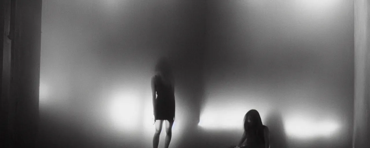 Image similar to foggy neon night, sayaka isoyama leaning back against a wall in a black minidress smoking a cigarette outside a neon lit entrance, 1 9 7 0 s, intricate, moody, tasteful, intimate, highly detailed, short focus depth, artgerm, henri cartier bresson