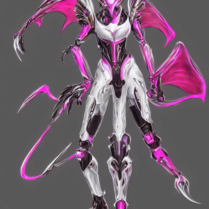 Image similar to highly detailed exquisite fanart, of a beautiful female warframe, but as a stunning anthropomorphic robot female dragon, standing elegantly with hand on hip, shining reflective off-white plated armor, slick elegant design, bright Fuchsia skin, sharp claws, close full body shot, epic cinematic shot, realistic, professional digital art, high end digital art, DeviantArt, artstation, Furaffinity, 8k HD render, epic lighting, depth of field