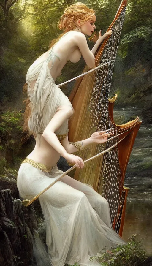 Prompt: portrait of queen of the elves playing a harp, sad and exhausted by the river, ethereal, expressive pose, intricate dress, fantasy, intricate, forest background, highly detailed, digital painting, artstation, concept art, smooth, sharp focus, illustration, art by artgerm and greg rutkowski and alphonse mucha