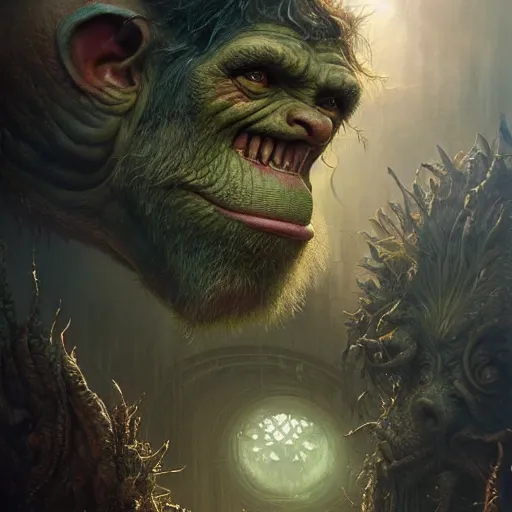 Image similar to a hyperrealistic illustration of a mix of an oger and giant and goblin, 8 k ultra realistic creature, detailed intricate, with fractal sunlight, award - winning, masterpiece, in the style of tom bagshaw, cedric peyravernay, peter mohrbacher