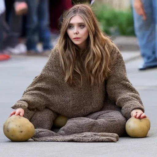 Prompt: elizabeth olsen sitting in a hollowed out potato, elizabeth olsen in a potato suit, on the walkway