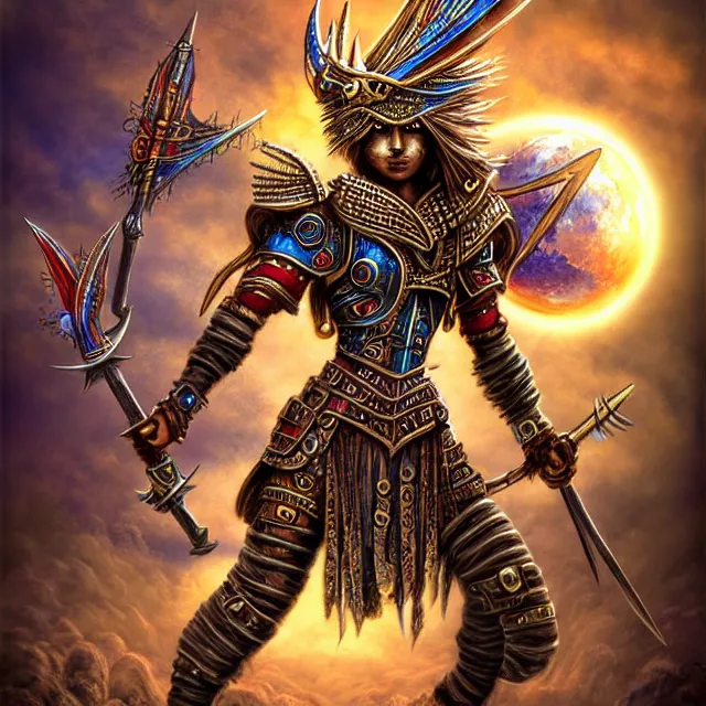 Image similar to magicpunk warrior, highly detailed, 4 k, hdr, smooth, sharp focus, high resolution, award - winning photo, illustrated by anne stokes, photorealistic