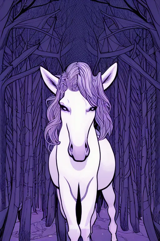 Prompt: comic cover art portrait of a unicorn in a moonlit winter forest, dnd, high fantasy digital illustration, by jenny frison and sana takeda, intricate details, stunning inking lines, flat colors, 4 k, hd, artstation