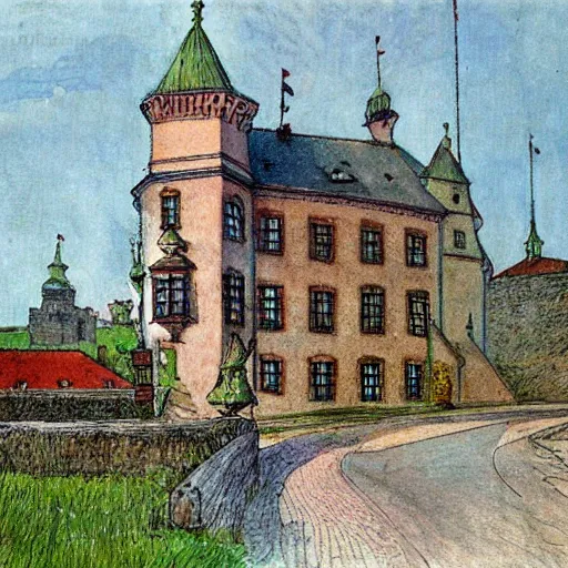 Image similar to Gripsholms castle in the style of carl larsson