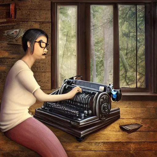 Image similar to a brown female author writing a book on a typewriter in an eerie cottage in the woods, detailed digital art, trending on artstation, realistic! 8k, anatomically correct